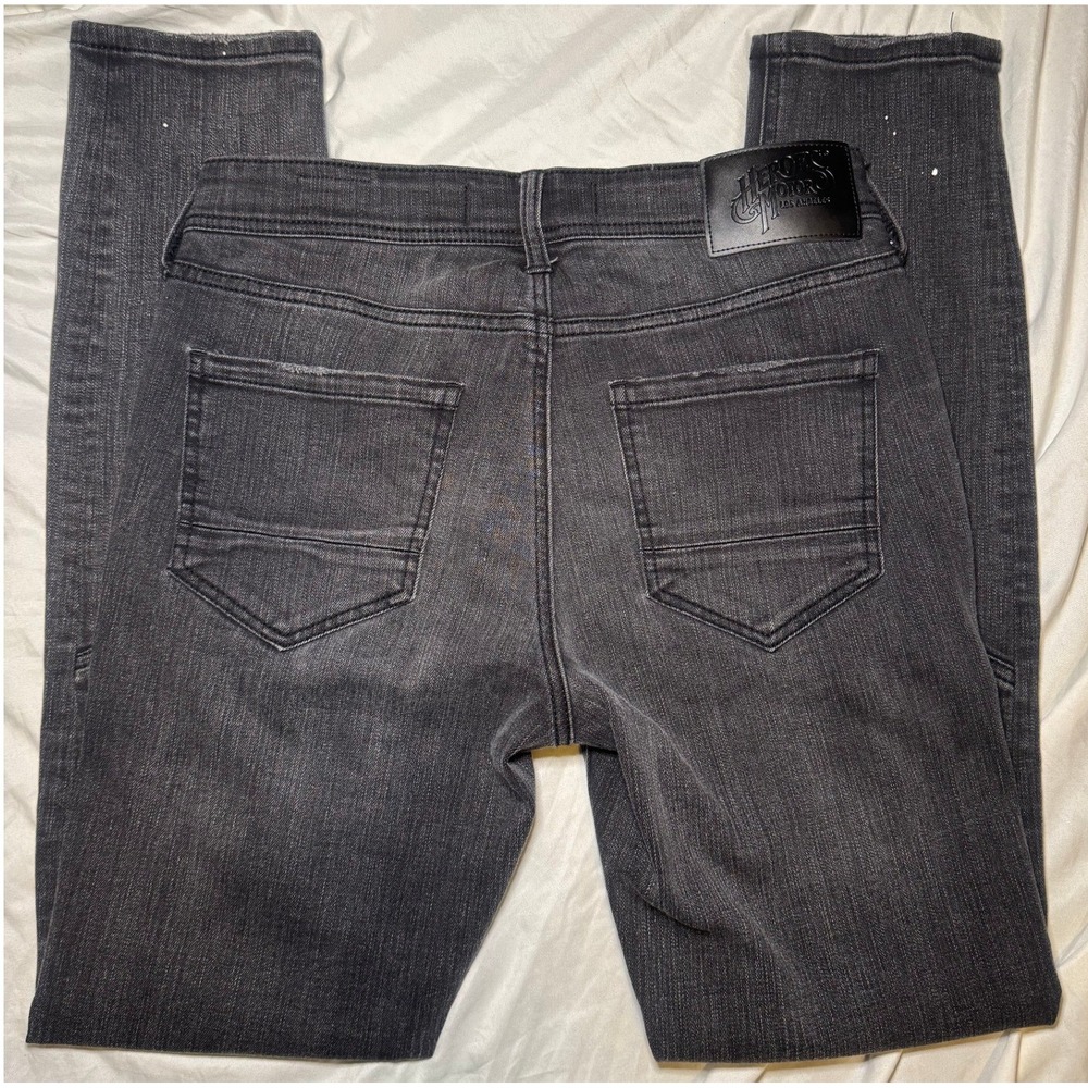 Heroes Motors Super Slim Biker Jeans Mens 30x32 Black Paint Splatter Moto Pants - Picture 2 of 7